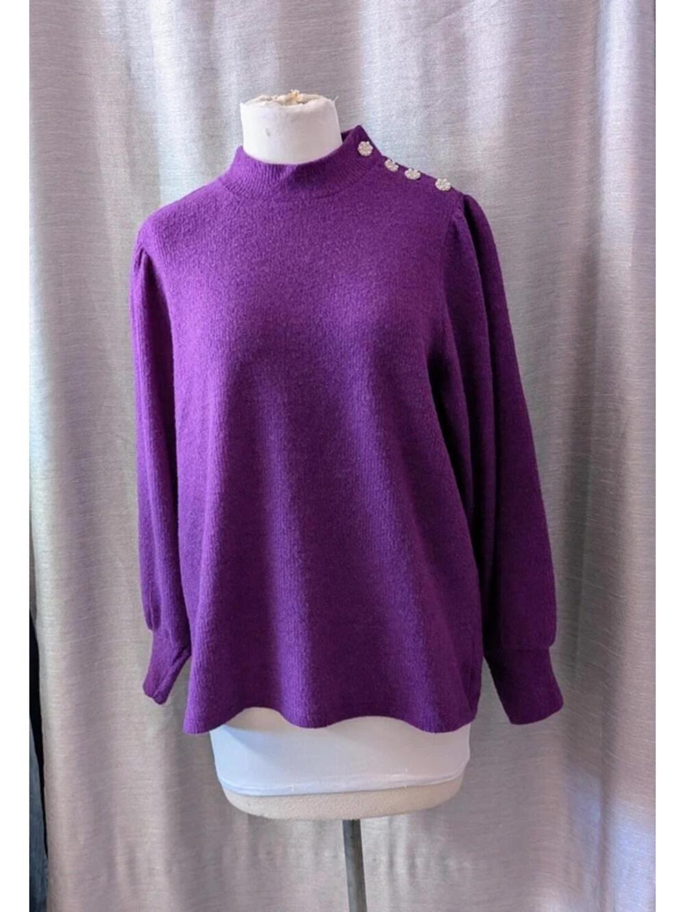 Purple Gathered Sleeve Rhinestone Pearl Button Sweater L